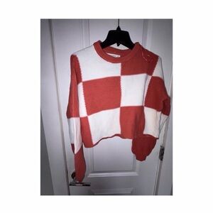 Checkerboard Knit Sweater - orange and White